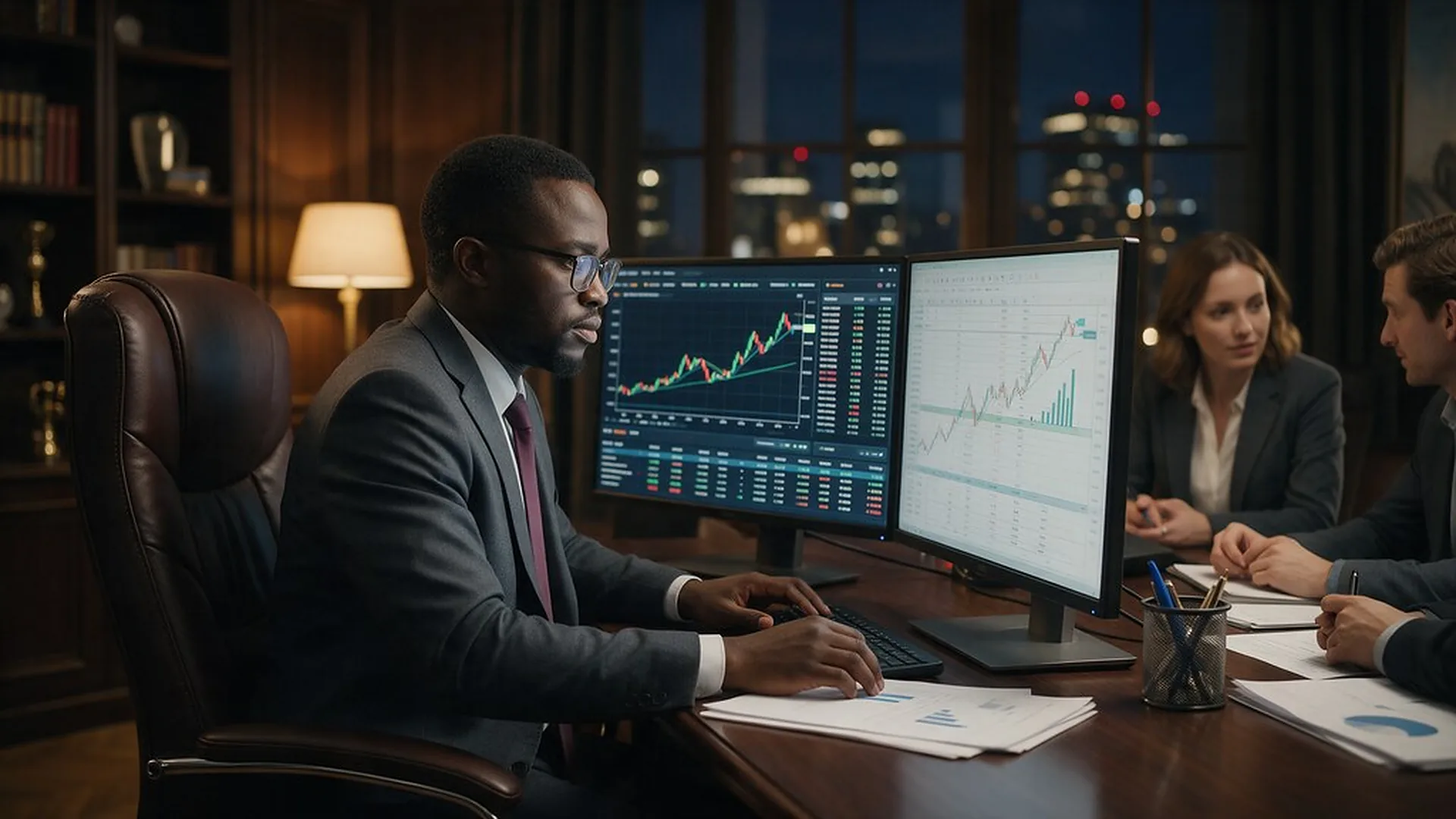 An analyst reviewing a financial model across two monitors