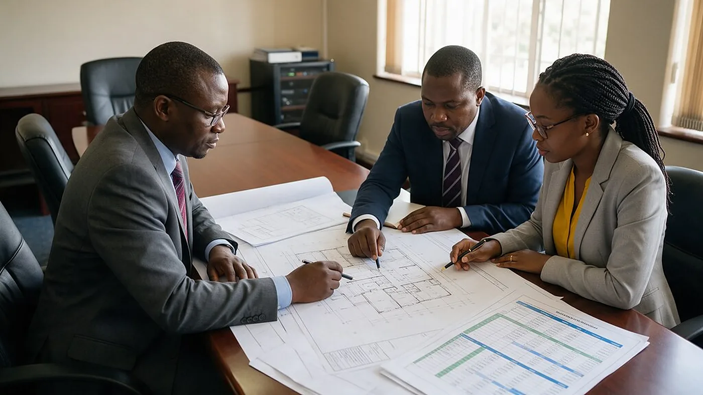 Professionals reviewing plans together around a boardroom table