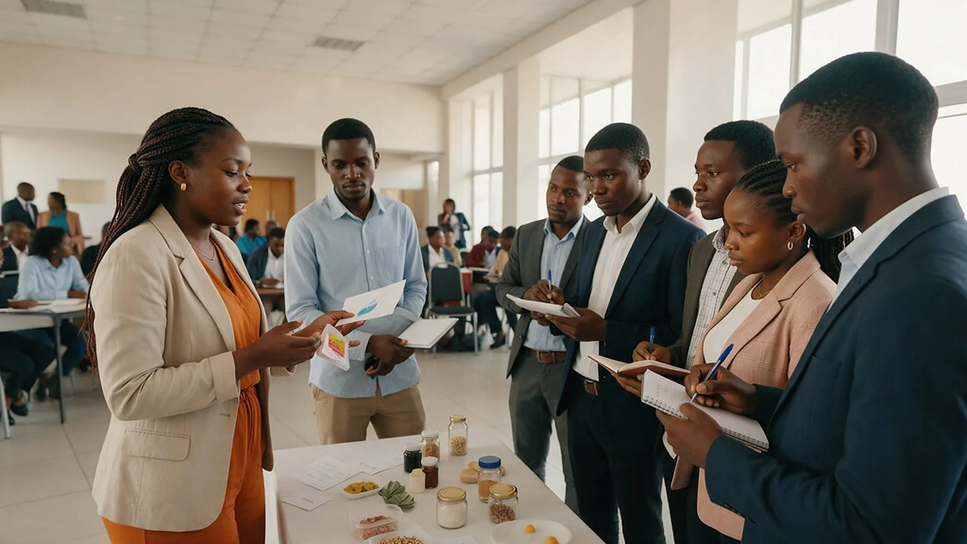 A founder presenting her product idea to fellow entrepreneurs