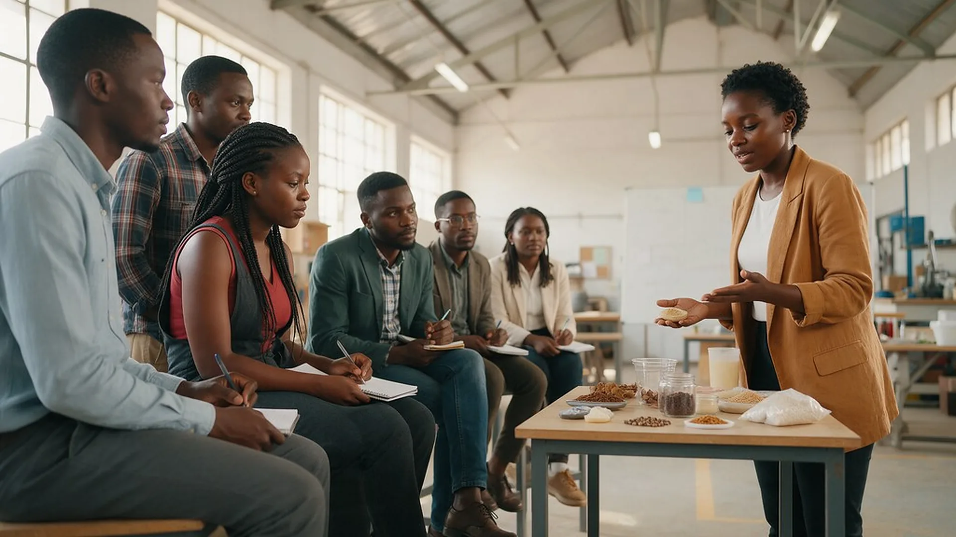 An entrepreneur presenting product samples to a group taking notes
