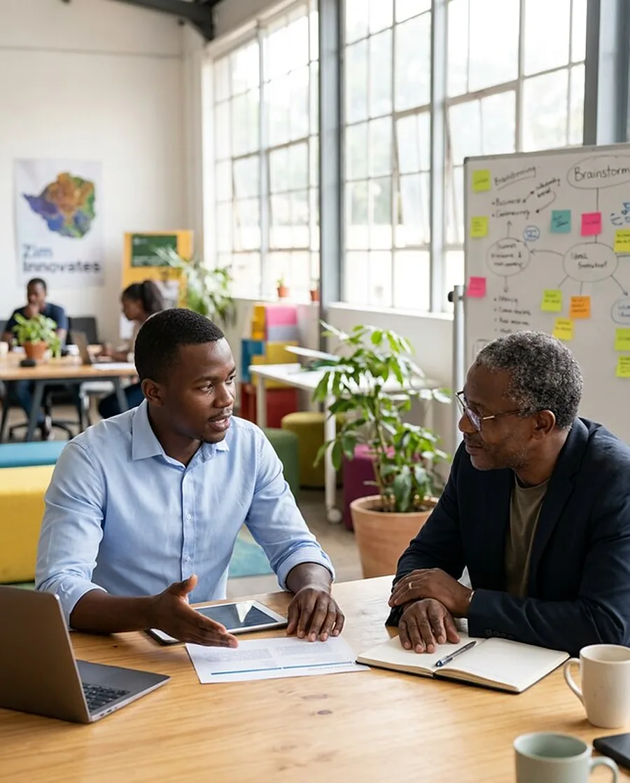 A young entrepreneur presenting a business plan to a mentor at an incubation hub