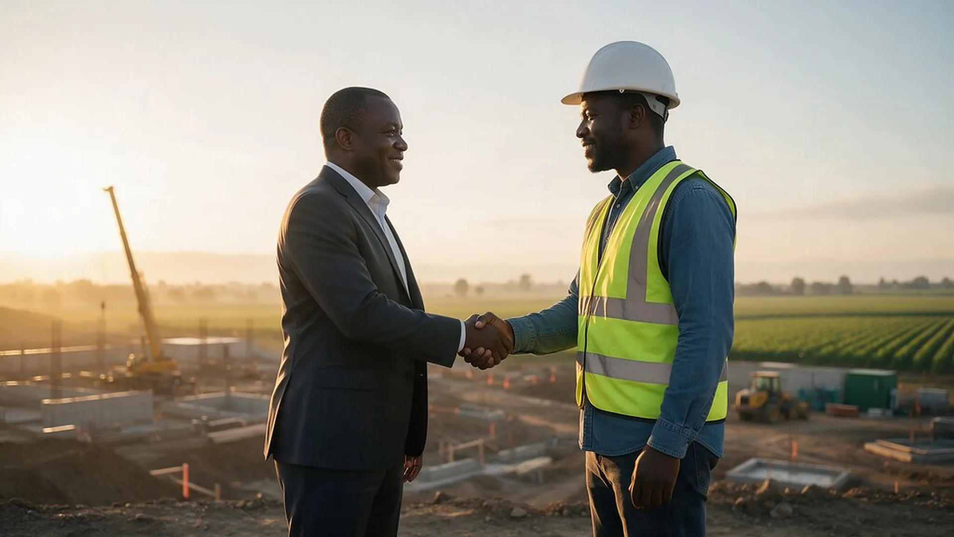 A business partner and a site engineer shaking hands on a project site at sunrise