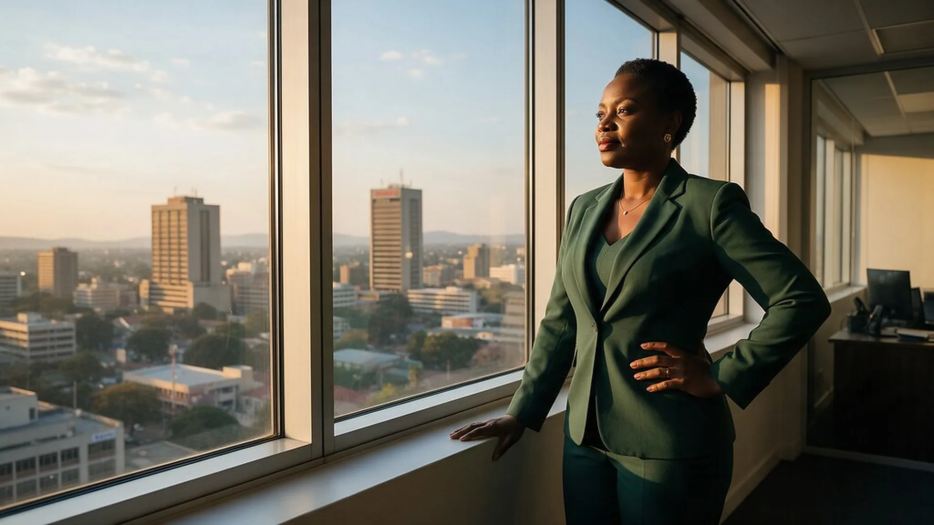 A Zimbabwean business leader looking out over the Harare skyline at sunset