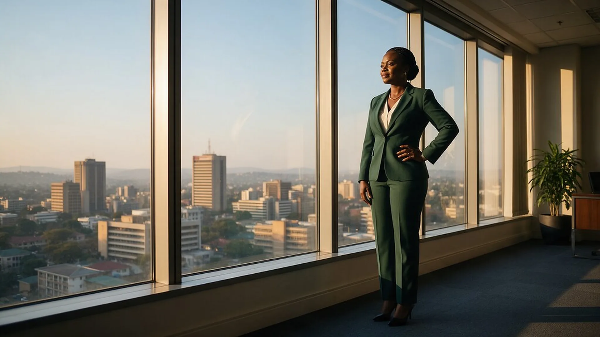 A business leader standing at an office window above the city