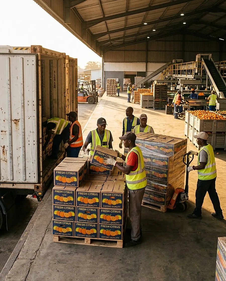 Workers loading export citrus cartons beside a shipping container