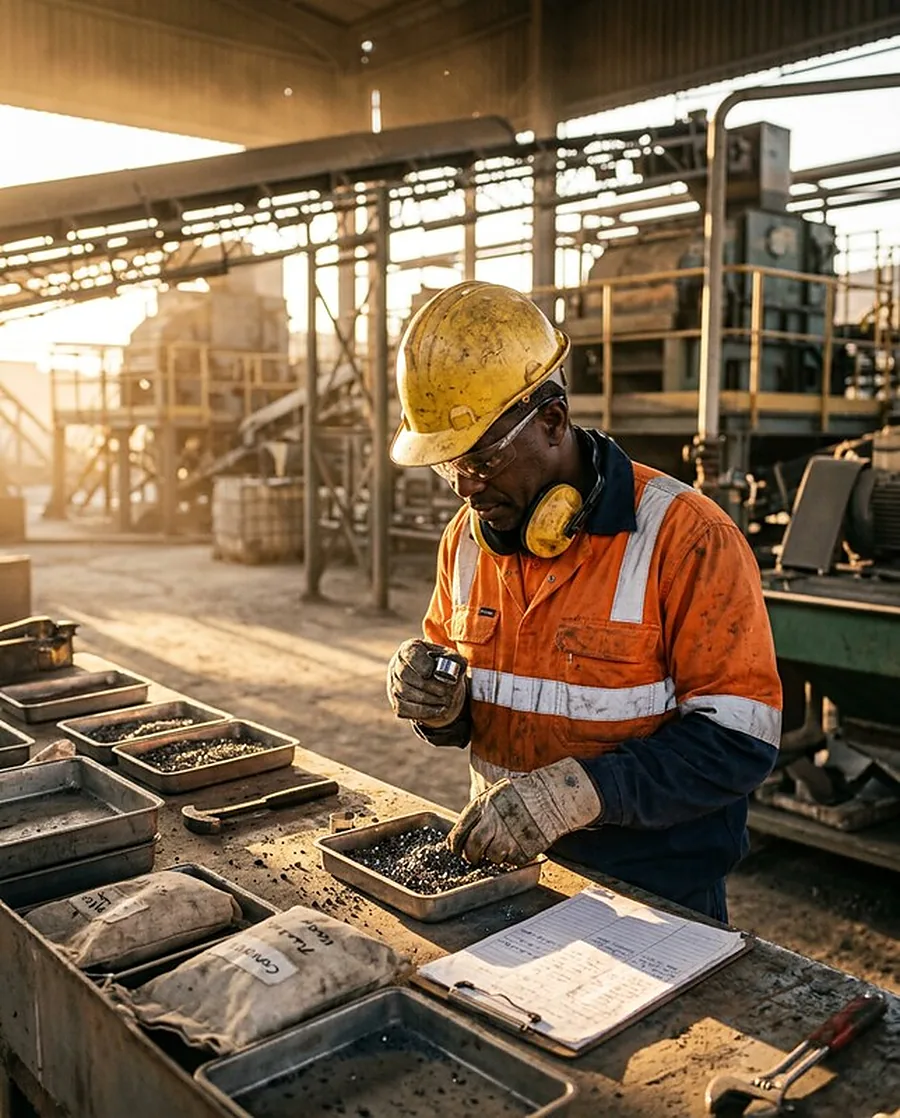 A metallurgist examining refined ore samples at a processing plant